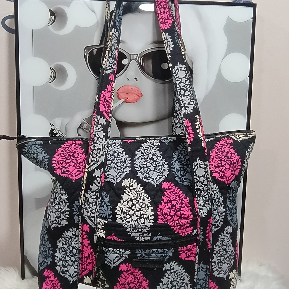 Vera Bradley Black and Pink Leaf Pattern Tote - Picture 7 of 13